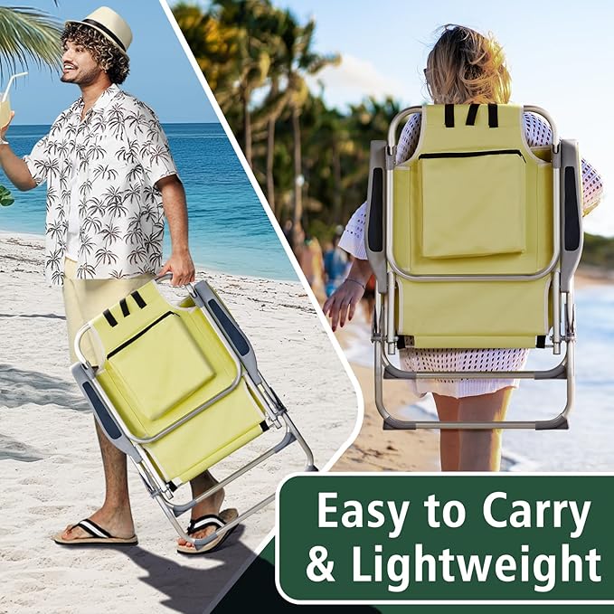 Portable Lightweight Folding Chair for AdultsOutdoor High Beach Lawn ChairPortable Backpack Foldable Camping ChairFolding Beach Chairwith Cup Holderfor Patio Pool Yard Garden (Yellow)