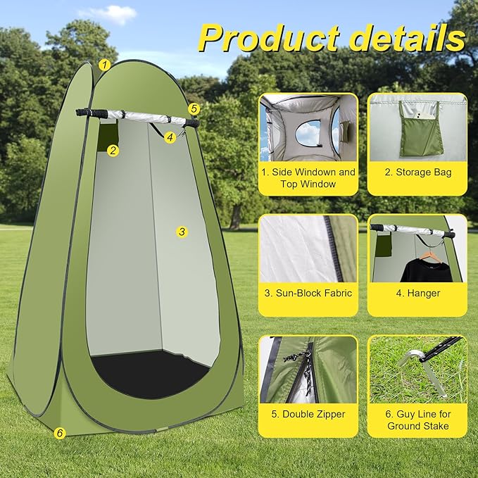 Pop Up Shower Tent for Camping Portable Outdoor Privacy Shower Tent with 6000mAh Rechargeable Shower