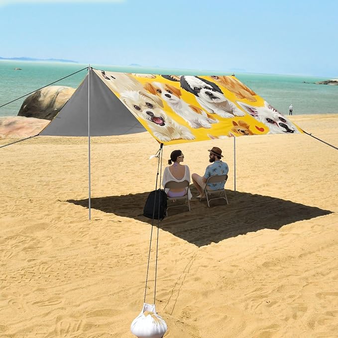 Little Dogs on Yellow Beach Tent Sun Shelter 9.2' x 10.5' Beach Canopy with 4 Sandbags 4 Stability Poles Sand Shovels - Tent Canopy for Beach Camping Fishing Picnics