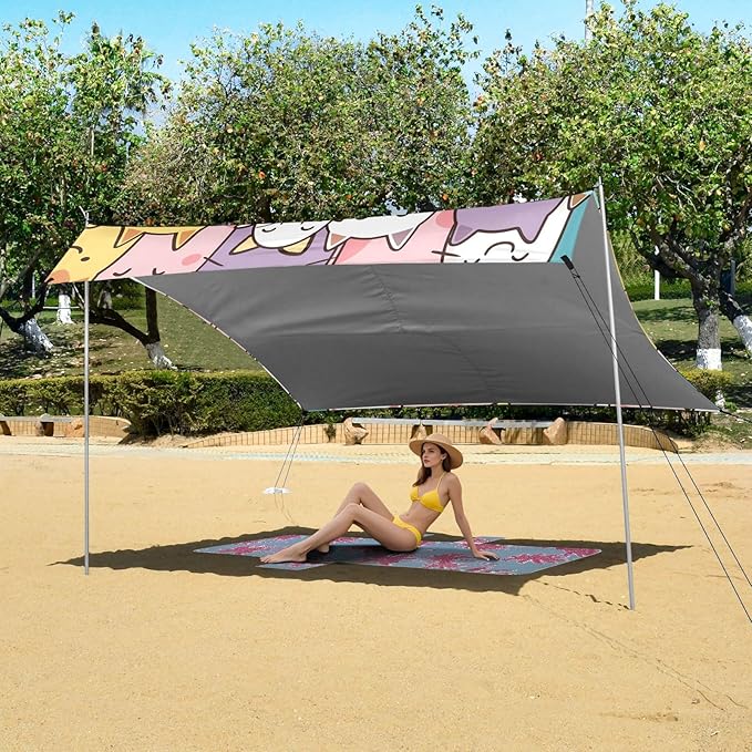 Seamless Pattern of Cats Camping Sun Shelter Beach Tent Portable Beach Sun Shade Outdoor Canopy for Camping Trips Fishing Picnic