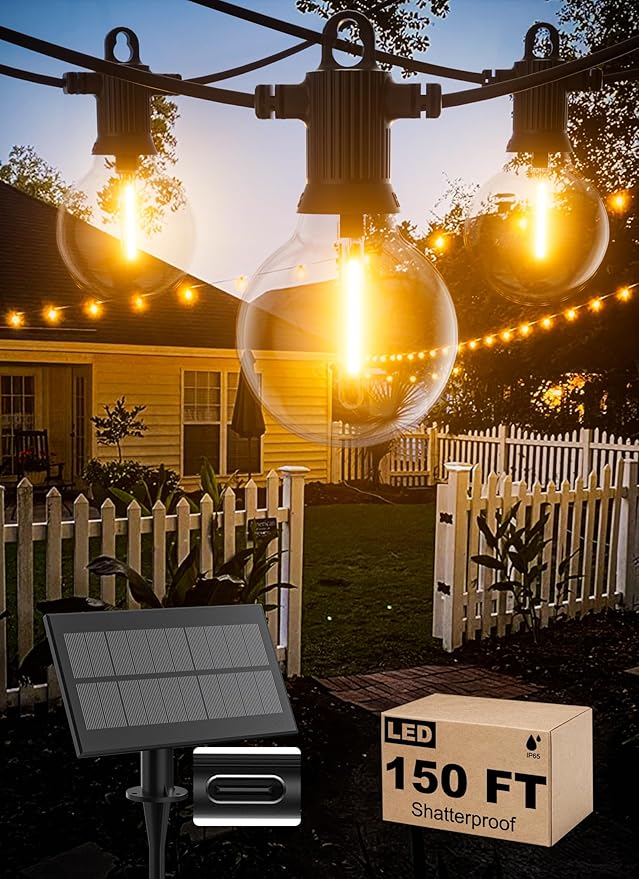 Solar String Lights Outdoor Waterproof 150FT with USB Port and 73 Shatterproof G40 Bulbs(3 Spare) LED Solar Powered Patio Lights for Outside Porch Backyard Gazebo Garden(Warm White)