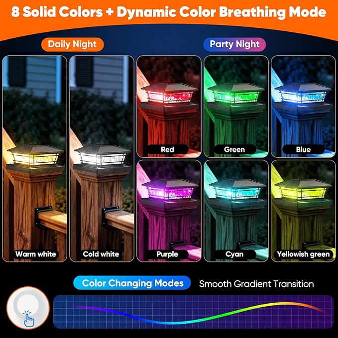Solar Post Cap Lights with 8 RGB Solid Colors &amp Color Changing 8 Pack Fence Post Solar Lights for Garden Patio Porch Waterproof Deck Post Lights for 4x4 5x5 6x6 Vinyl/Wooden Posts Black