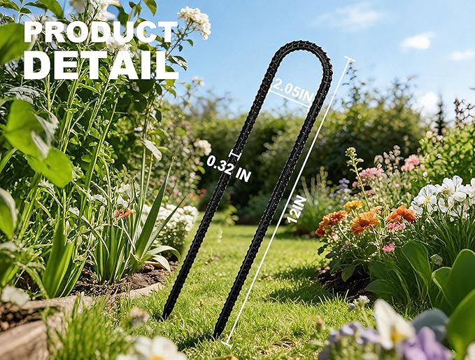 RIY Tent Stakes Heavy Duty High Wind Ground Anchors 12 Inch Galvanized Steel Rebar Stakes for Tent Dog Fence Trampoline Yard Decorations U Shaped 16 Pack Black