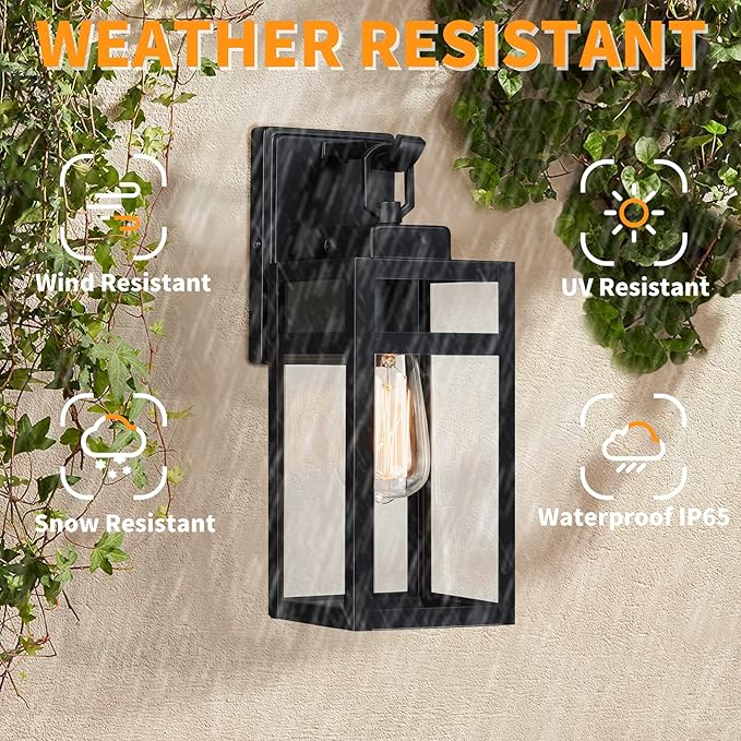 Pia Ricco Outdoor Wall Light 14 Inch Black Outdoor Light Fixture Exterior Waterproof Lighting Fixtures Sconce with Glass Shade Porch Lights Wall Lantern for House Garage ETL Listed