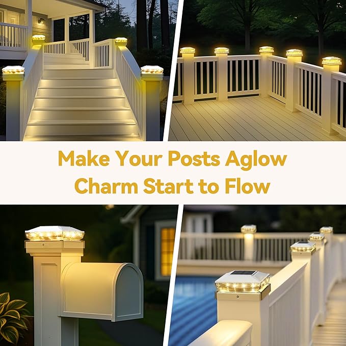 Solar Post Cap Lights 6 Pack Upgraded Outdoor Deck Fence Post Solar Lights for 4x4 5x5 Wood/Vinyl Posts IP65 Waterproof 10-12 Hours Warm White Glow for Garden/Patio/Porch - White