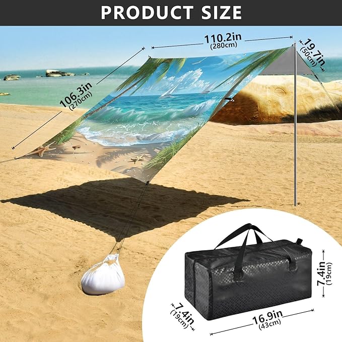 Beautiful Beach Scene Beach Tent Sun Shelter 9.2' x 10.5' Beach Canopy with 4 Sandbags 4 Stability Poles Sand Shovels - Tent Canopy for Beach Camping Fishing Picnics