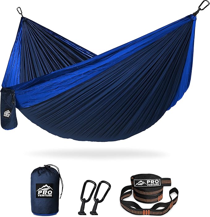 Pro Venture Double Camping Hammock - 10.5 x 6.5 FT (9ft Tree Straps 2 Carabiners) - 2 Person Portable Lightweight Parachute Nylon 210T Hammocks - for Backpacking Travel Hiking Patio (Double)…