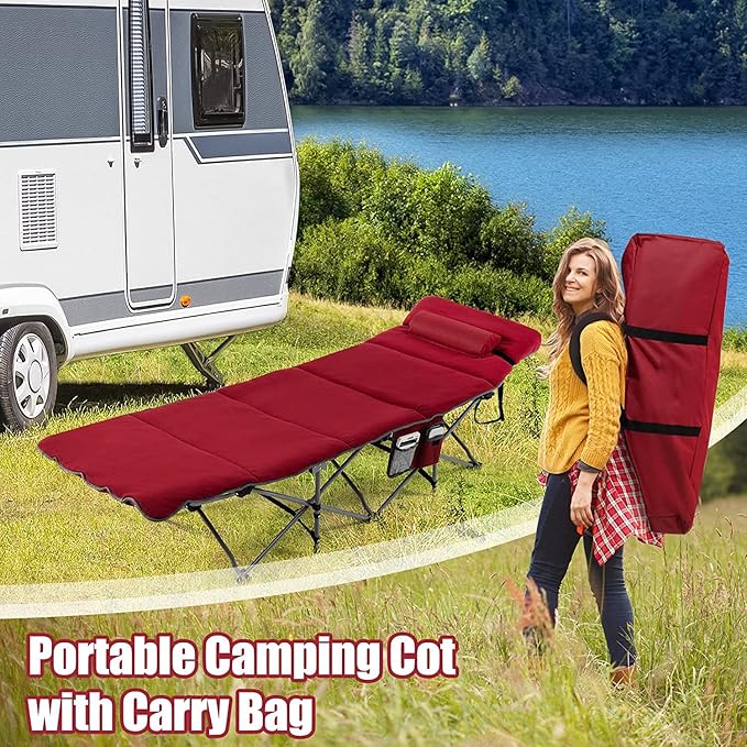 Goplus Camping Cot Folding Camping Cot with Mattress Pillow Carry Bag Storage Pocket Camping Bed Military Cot for Home Office Nap Hiking Heavy-Duty Portable Sleeping Cot for Adults Kids (Wine)