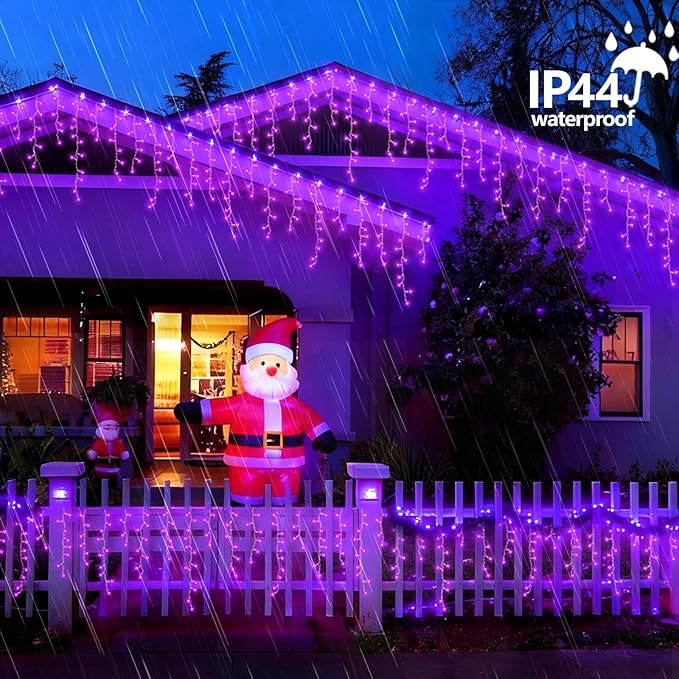 QITONG Purple Icicle Lights for Outside 33ft 400 LED String Light Indoor Plug in Clear Wire Connectable Icicle Christmas Lights with 8 Modes