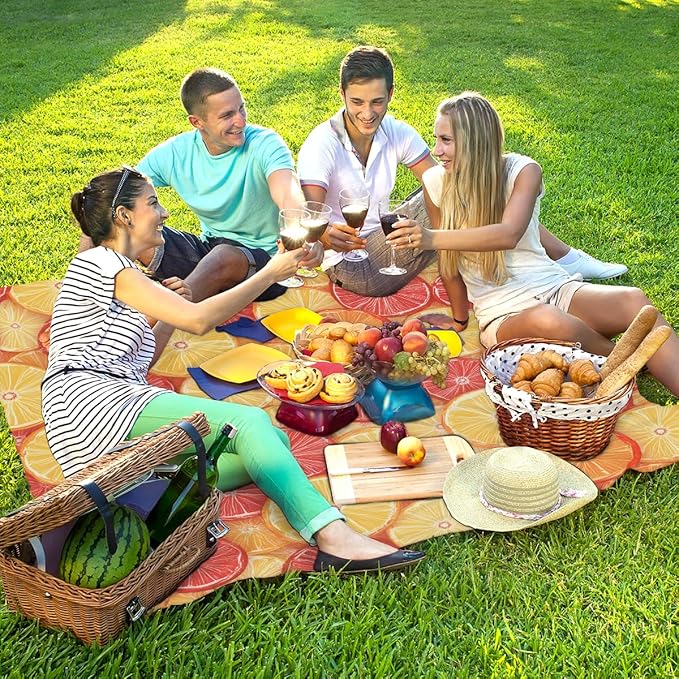 Waterproof Sandproof Beach Blanket 59''×68'' Orange Slices Polyester Outdoor Picnic Blanket with 4 Stakes &amp Storage Bag for BeachCampingVacation Yellow &amp Red