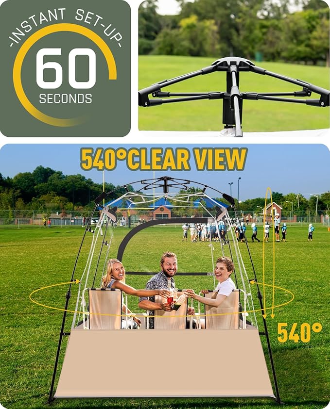 Pod All Weather Sports Tent Outdoor Pop Up Bubble Clear 540° View Winter Tent for 1-2 Person Instant Cold Weather Shelter with Rainfly for Soccer Football Softball &amp Other Sports Events
