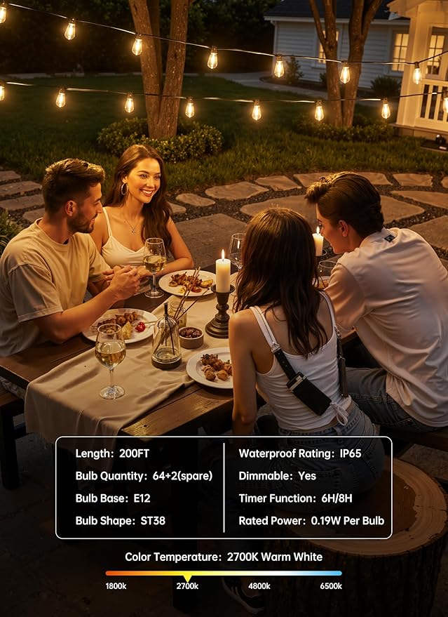 Minetom 200FT Outdoor String Lights with Remote 64+2 Shatterproof ST38 LED Bulbs Waterproof Patio Lights with 3 Modes Dimmable &amp Connectable 2700K Hanging Lights for Backyard Porch Deck Balcony