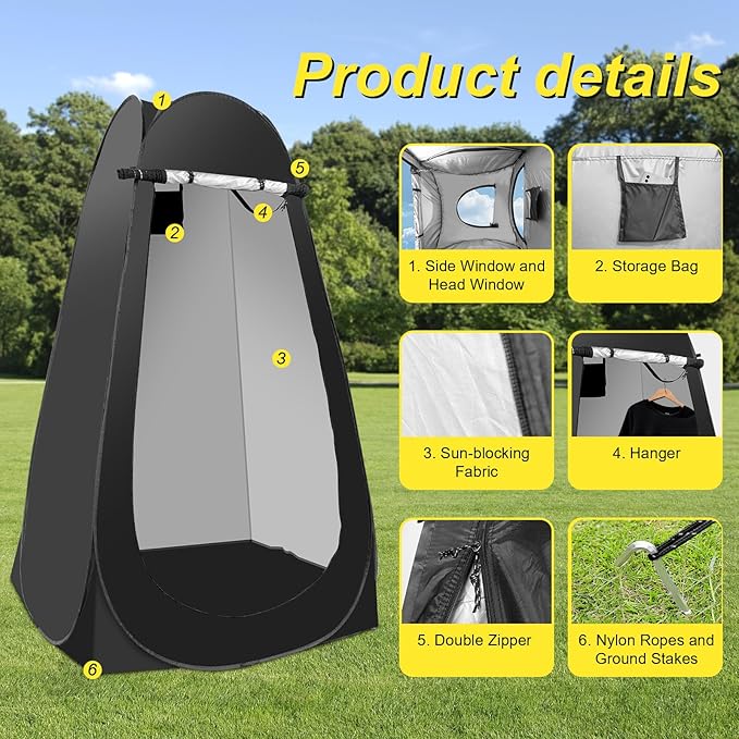 Portable Camping Privacy Tent Outdoor Shower Tent Kit with 5 Gallon Shower Bag-(Nozzle Upgraded)
