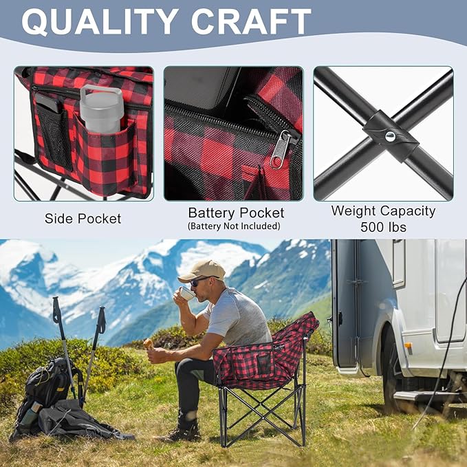 Slsy Heated Camping Chair Oversized Outdoor Portable Heated Folding Chair Heavy Duty 500 lbs Support Padded Seat for Outdoor Sports Camping Patio and Picnics