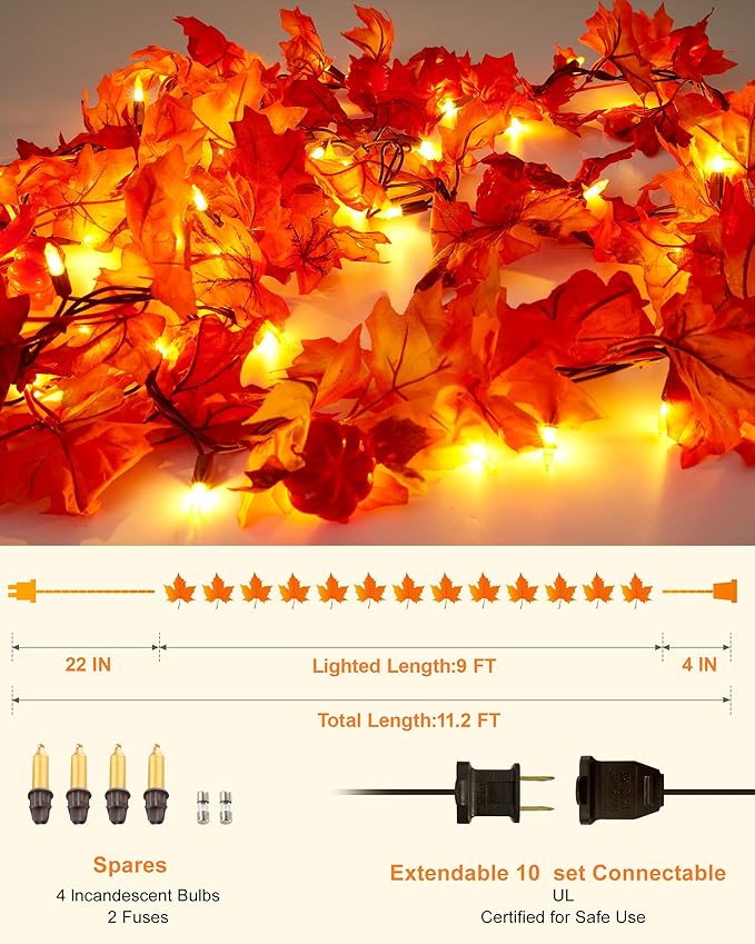 VCOKEN 11FT Fall Garland With Lights - 50 Bulbs Connectable Maple Leaves With Pumpkin Plug-in Decor for Outdoor Indoor Halloween Thanksgiving Holidays
