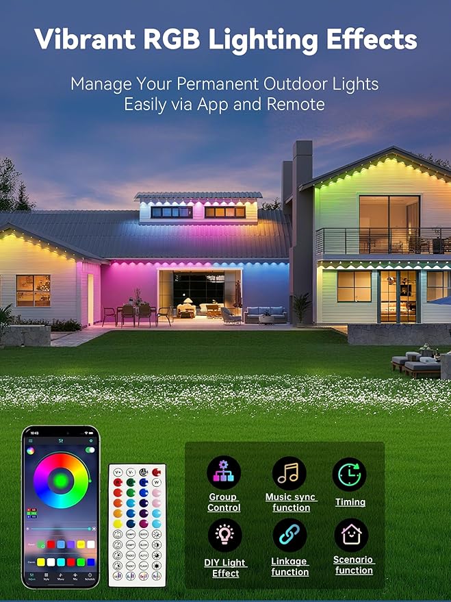100FT Permanent Outdoor Lights Smart RGB Eave Lighting for House IP67 Waterproof LED Outside House Lights with App/Remote Control for Christmas Holiday Decor Party Daily