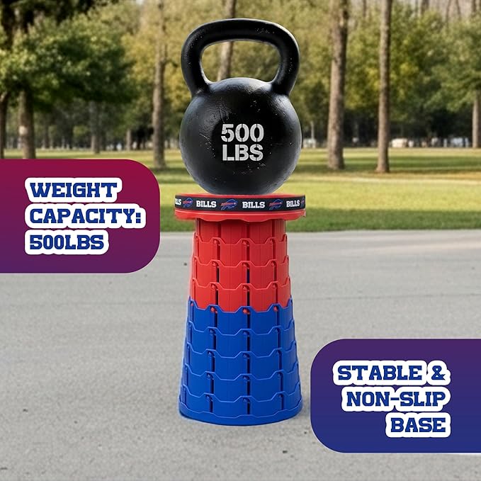 Sporticulture NFL Buffalo Bills Telescoping Collapsible Stool 500lbs Max Weight Portable Adjustable Height Folding Camping Stool with Carry Strap Retractable Stadium Have A Seat Outdoor Sports Fan