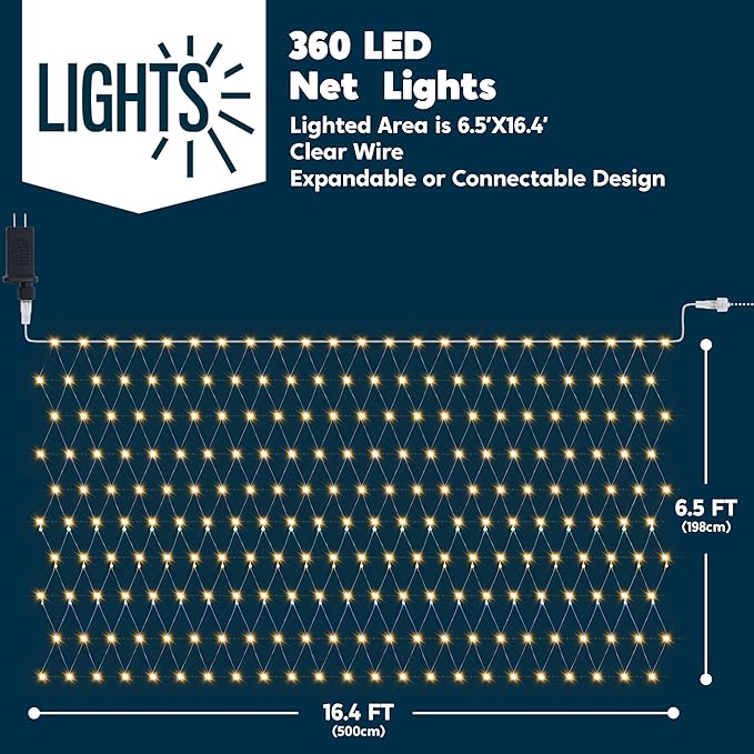 JOYIN 360 LED Christmas Net Lights 16.4X 6.5FT Christmas Mesh Lights with 8 Modes Connectable Waterproof for Bushes Trees Yard Indoor Outdoor Xmas Decorations (Warm White)