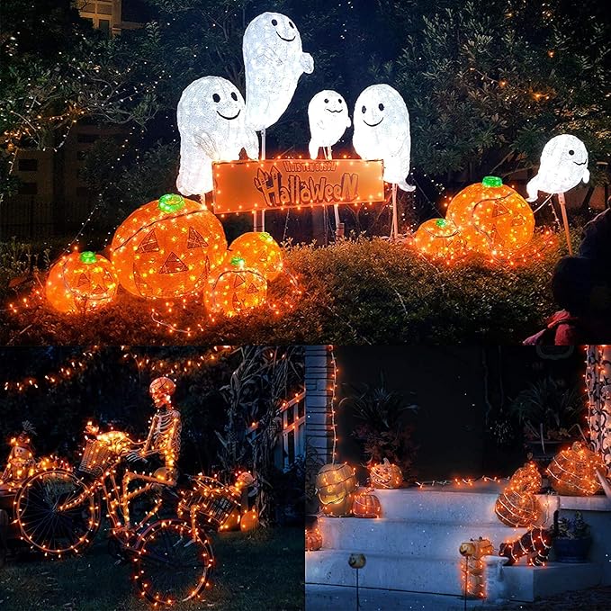 New Upgraded Solar Halloween String Lights Outdoor Waterproof Solar &amp USB Rechargeable 19 Modes 2 Pack Total 144FT 400 LED Orange Halloween Lights for Yard Patio Garden Christmas Decorations Ora