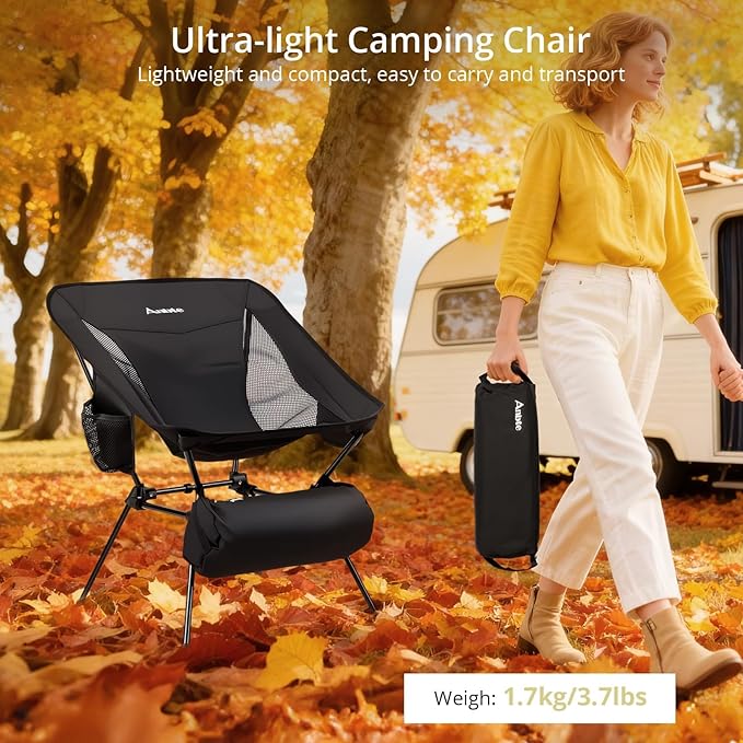 Anbte Extra Height &amp Width Portable Camping Chair 400LBS Capacity Compact Folding Chair with Square Frame Quick Setup Storage Bags on Both Sides Ideal for Camping Hiking Beach Picnic Outdoor Bl