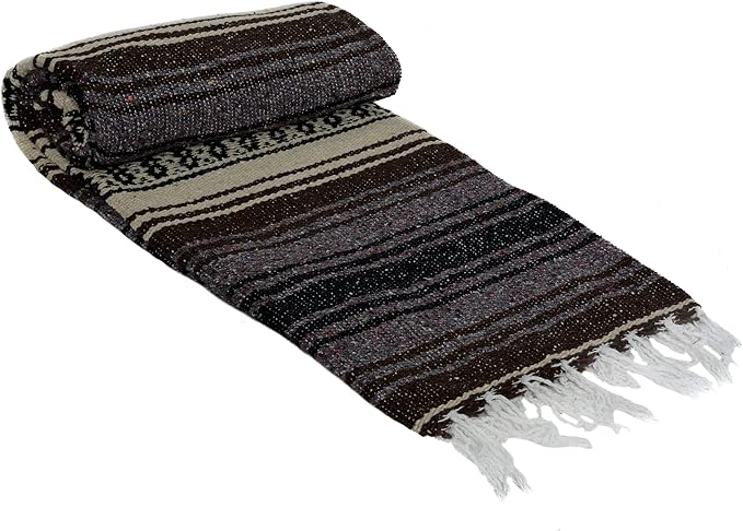 La Montana Mexican Blankets and Throws 4 Pack 74x50 - Made in Mexico Lightweight Yoga Blanket for Schools Studios Outdoors Camping Picnic Decor (Dark Brown/Tan/Charcoal)