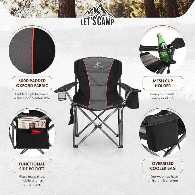 ALPHA CAMP Folding Camping Chair Oversized Heavy Duty Padded Outdoor Chair with Cup Holder Storage and Cooler Bag 450 LBS Weight Capacity Thicken 600D Oxford Black