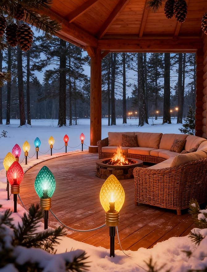 Jumbo C9 Christmas Pathway Lights Outdoor 6.5Ft C9 Giant Christmas Walkway Lights with 4 LED Strawberry Multicolor Bulbs Jumbo Yard Decoration Stakes Lights for Outside Lawn Garden Driveway Holiday