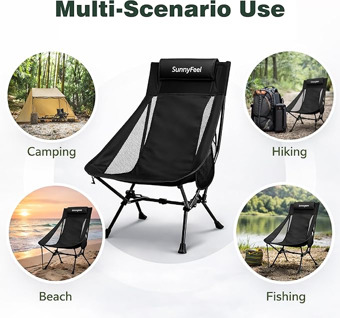 SUNNYFEEL High Back Camping Chair 15 Second Setup Frame 330lb Capacity Portable Backpacking Chair Lightweight &amp Compact Folding Camp Chair for Hiking Camping Black