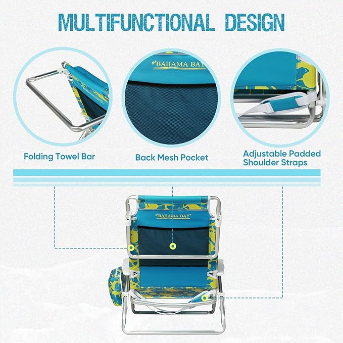 Old Bahama Bay Backpack Beach Chair Aluminum Lightweight Reclining 5-Position Lounge Chair for Adults Heavy Duty Support 400 LBS Portable Folding with Cooler Bag Camping Chair for Sand Outdoor