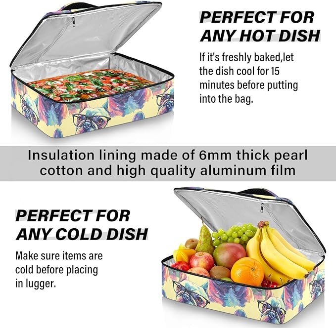 Casserole Carrier Cool Dog Wearing GlassesInsulated Casserole Carrier for Hot or Cold Food Thermal Lunch Tote for Potluck Parties Picnic Beach Fits 9 x 13 Inches Baking Dish