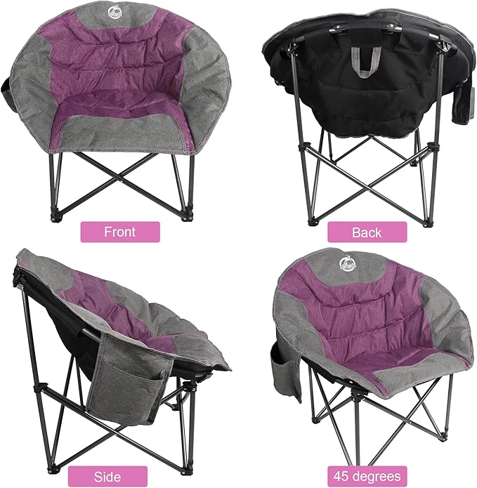 Northroad Compact Camping Moon Chair Outdoor Padded Folding Round Chair w/Cup Holder Supports up to 300 lbs for Beach Hiking Fishing Picnic LawnPurple