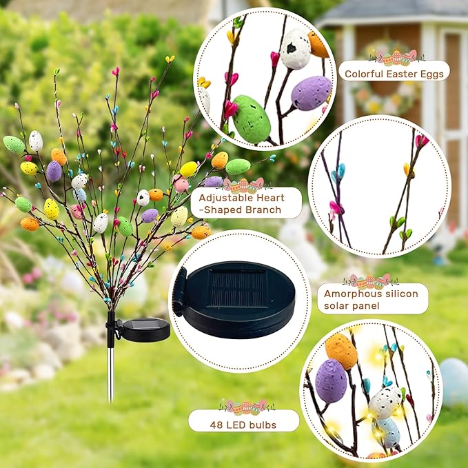 2 Pack Solar Easter Egg Lights Outdoor 96 LED Waterproof Solar Easter Yard Decorations Outdoor Easters Yard Stakes Lights with 2 Lighting Modes for Outside Lawn Walkway Patio Cemetery Grave