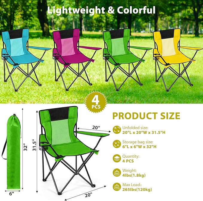 Shellwei Breathable Folding Camping Chair with Cupholder Carry Bag Regular Size Portable Lightweight Lawn Chair with Side Pocket Fishing Hiking Picnic Party Beach Outdoor Activity(Colorful4 Pcs)