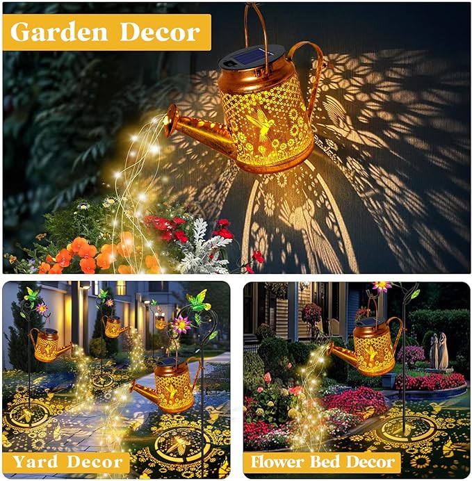 Solar Watering Can Lights Hummingbird Hanging Lanterns Outdoor Gardening Gifts for Mom Women Grandma Birthday Waterproof Solar Lights Garden Decor for Outside Yard Art Patio Porch Lawn Backyard