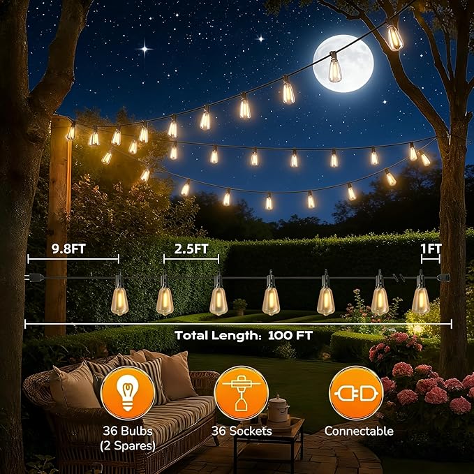GPATIO Outdoor String Lights 100FT ST38 Bulbs Shatterproof Patio Lights Waterproof Dimmable Outside Hanging Light Connectable LED Outdoor Lights for Backyard Porch Party Garden Home Decor