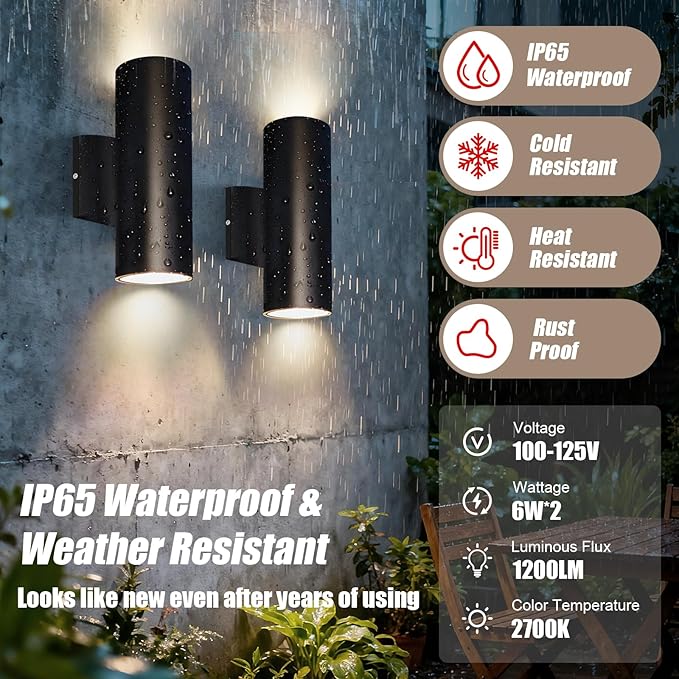 Modern Outdoor Cylinder Wall Lights 10.24 Porch Light 2700K Warm White Up Down Lights Matte Black Waterproof Wall Sconce Aluminum Exterior Light Fixture Wall Mount