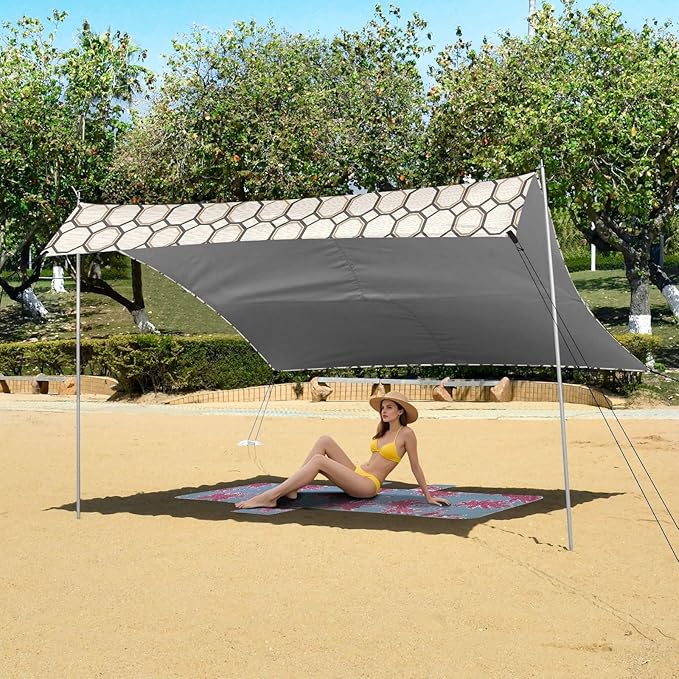 ALAZA Honeycomb Hexagon Beach Tent Sun Shelter UPF50+ Protection Beach Shade Canopy w/ 4 Sandbags for Outdoor Camping Fishing Backyard Fun Picnic 10x9 ft