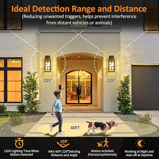 Motion Sensor Outdoor Wall Light Fixture Dusk to Dawn Porch Light Oil Rubbed Bronze Exterior Lighting with Seeded Tempered Glass Waterproof Outside Wall Mount Coach Lamp for House Patio Garage