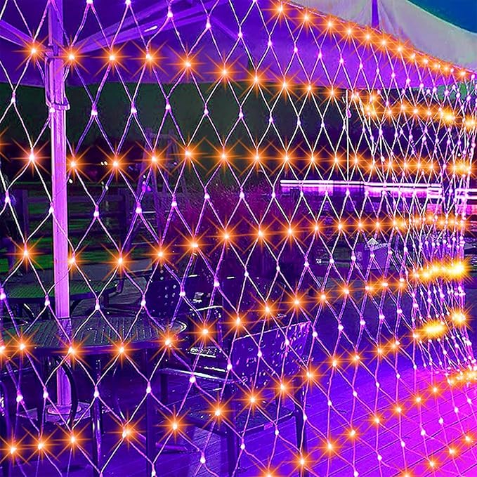 WATERGLIDE Outdoor Halloween Net Lights 12FT x 5FT 360 LED Fairy String Light with 8 Lighting Modes Connectable Light Safe Adaptor for Garden Tree Bushes Holiday Party Decorations Orange &amp Purp
