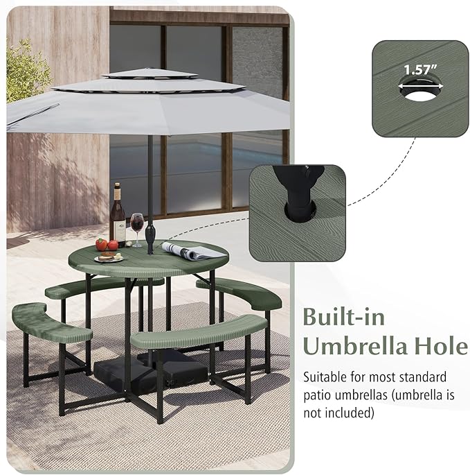 Giantex Picnic Table Bench Set for 4-8 Person Round 37” Outdoor Dining Table w/Umbrella Hole HDPE Tabletop Metal Frame Patio Furniture Set for Backyard Porch Lawn 1400lb Capacity (GreenRound)
