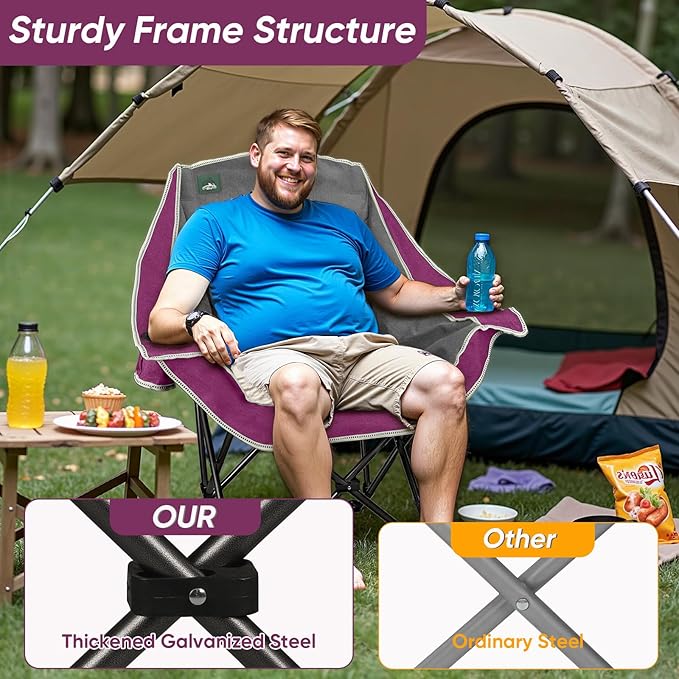 Northroad Oversized Foldable Camping Chair Outdoor Padded Lawn Chair w/Cup HolderCarry Bag for Beach Hiking and PicnicsHeavy-Duty 300-lbs Capacity Purple