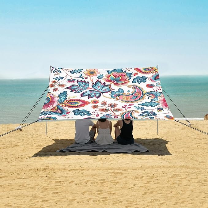 Colorful Paisley Pattern Beach Tent Sun Shelter 9.2' x 10.5' Beach Canopy with 4 Sandbags 4 Stability Poles Sand Shovels - Tent Canopy for Beach Camping Fishing Picnics