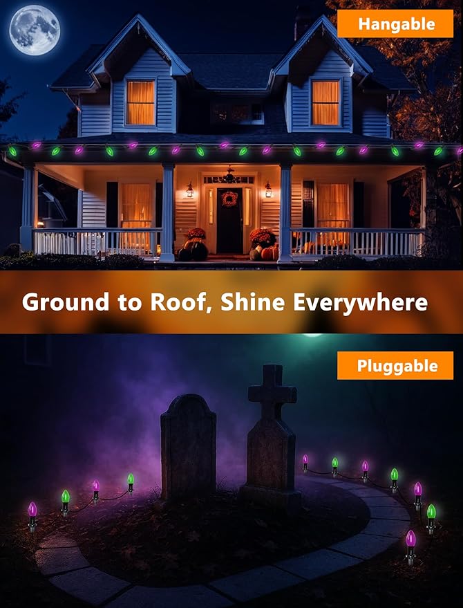Halloween Stake Lights 10PK C9 LED Pathway Lights with Purple &amp Green Bulbs 19.5ft Outdoor Walkway Lights Waterproof Extendable Yard Driveway Porch &amp Garden Halloween Decorations