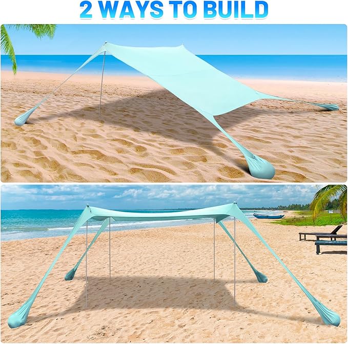 BOTINDO Family Beach Tent Canopy Sun Shade Pop Up Grande Beach Tent Sun Shelter Stability 4 Poles with Portable Carry Bag Outdoor Shade for Fishing Backyard Camping (Mint Green 10x10FT 4Pole)
