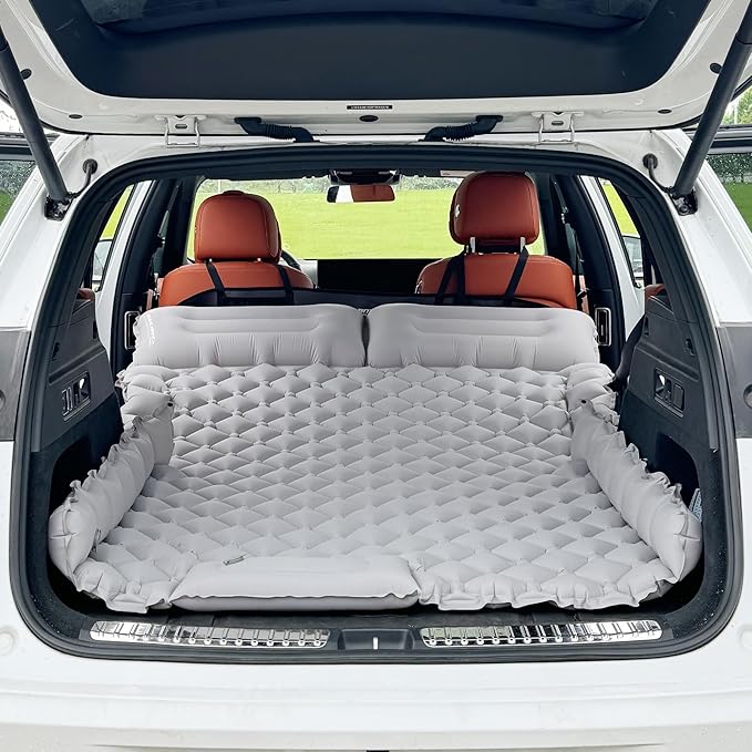 Inflatable Car Air Mattress SUV Air Mattress for Travel Camping Ultralight Camping Bed with Pillow and Built-in Foot Pump Portable Sleeping Pad for SUV -Grey