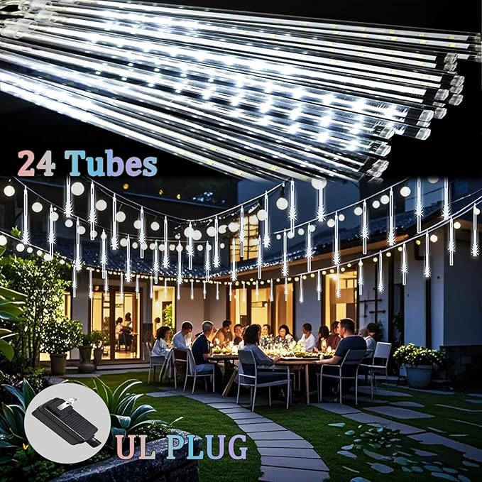 Meteor Shower Lights Outdoor Christmas Lights 24-Tube 576LEDs Snow Falling Rain Cascading Icicle String Light for Xmas Tree Christmas Decorations Wedding Party Holiday Yard Garden Decor UL Plug White