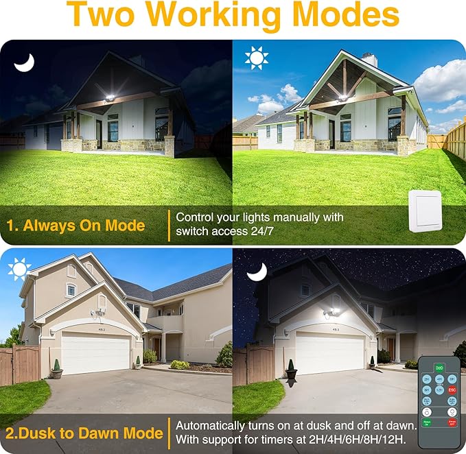 Onforu Plug in Flood Light60W 6000LM Dusk to Dawn Outdoor Lightingwith RemoteIP65 Waterproof3 Adjustable Heads Light for Garage Yard