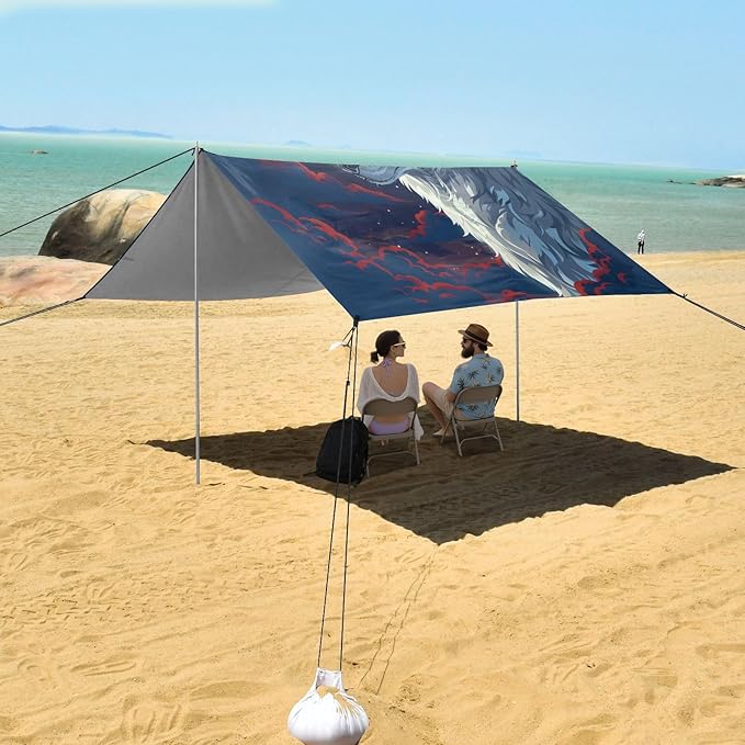 ALAZA Wolf Red Moon Starry Sky Beach Tent Sun Shelter UPF50+ Protection Beach Shade Canopy w/ 4 Sandbags for Outdoor Camping Fishing Backyard Fun Picnic 10x9 ft