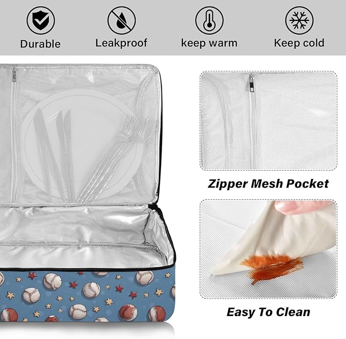 Casserole Carrier Baseball Pattern PrintInsulated Casserole Carrier for Hot or Cold Food Thermal Lunch Tote for Potluck Parties Picnic Beach Fits 9 x 13 Inches Baking Dish