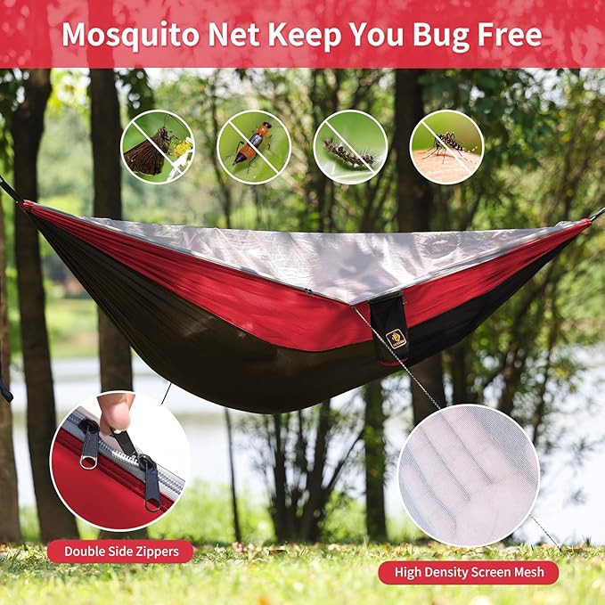 Camping Hammock Portable Hammocks with Mosquito NetLightweight Nylon Parachute Hammock with 10ft Tree StrapsCamping Gear Must Haves for Travel Hiking Backpacking Beach Patio-Black&ampRed